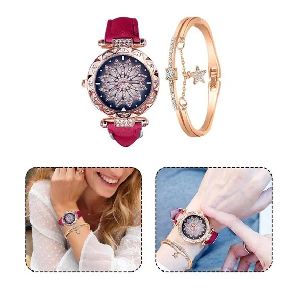 New Red Starry Sky Luxury Leather Strap Rose Gold Sapphire Bracelet Watch Set - Picture 14 of 16
